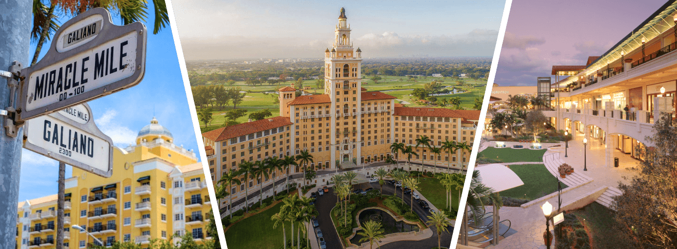 Three Coral Gables scenes: the Miracle Mile shopping street, the Biltmore Hotel tower, and the open-air Shops at Merrick Park.