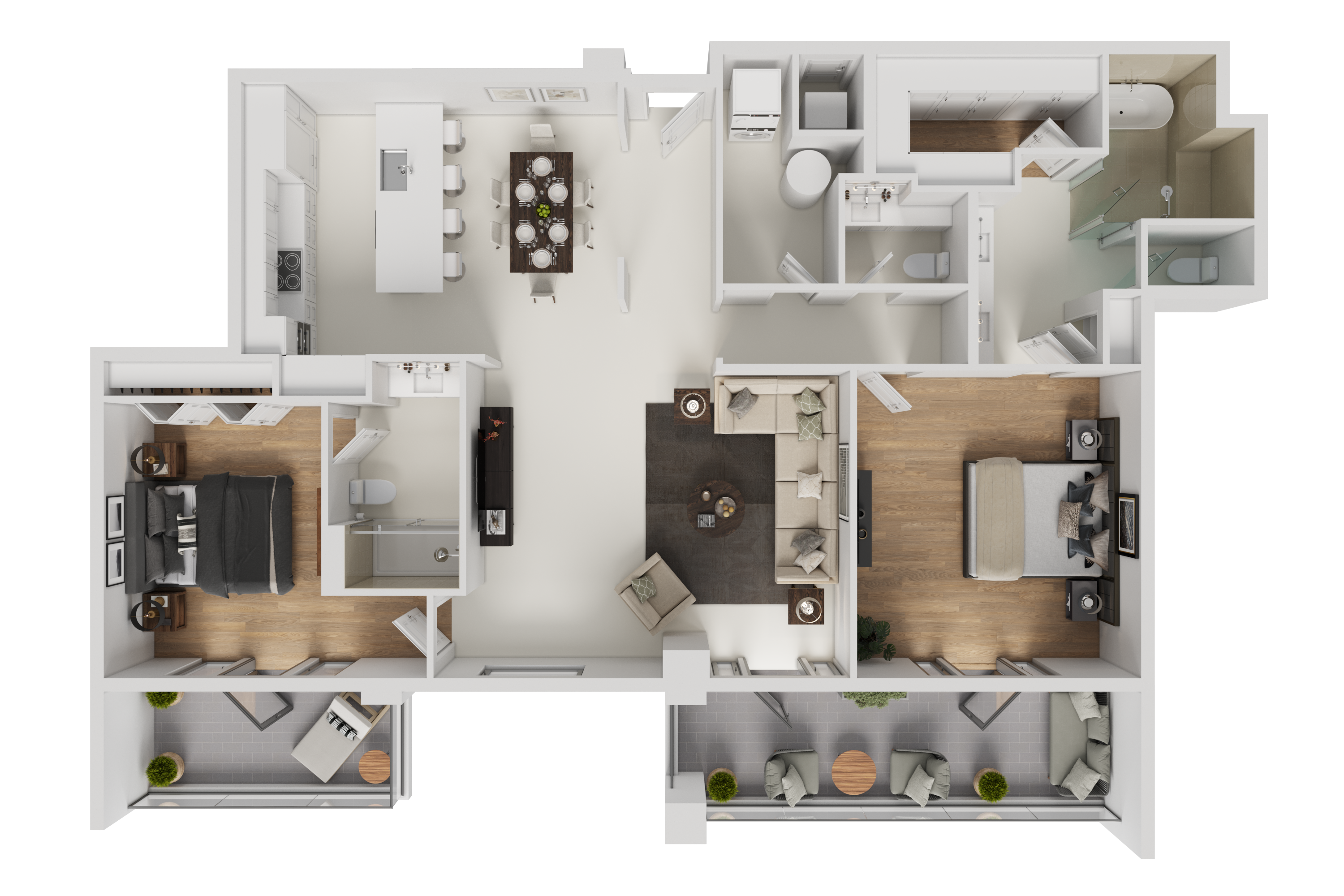 Floor plan for Unit C: a two bedroom, two bathroom residence with an open living and dining area, a kitchen island, a primary suite with walk-in closet, a second bedroom, and a wrap-around terrace.