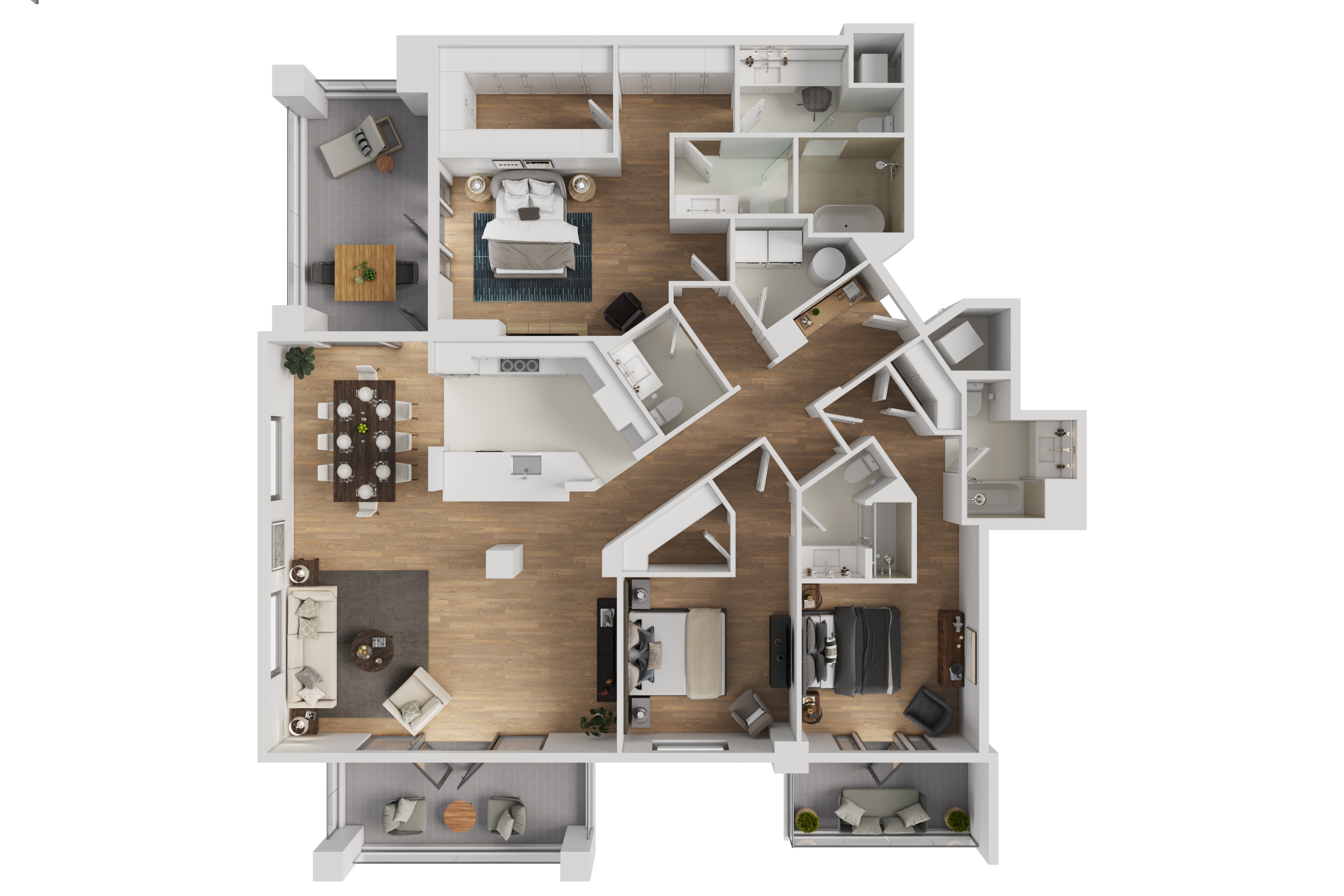Floor plan for Unit D: a three bedroom, three and a half bathroom residence with a corner living room, separate dining area, primary suite with dual closets, two secondary bedrooms, and a terrace along the main living space.