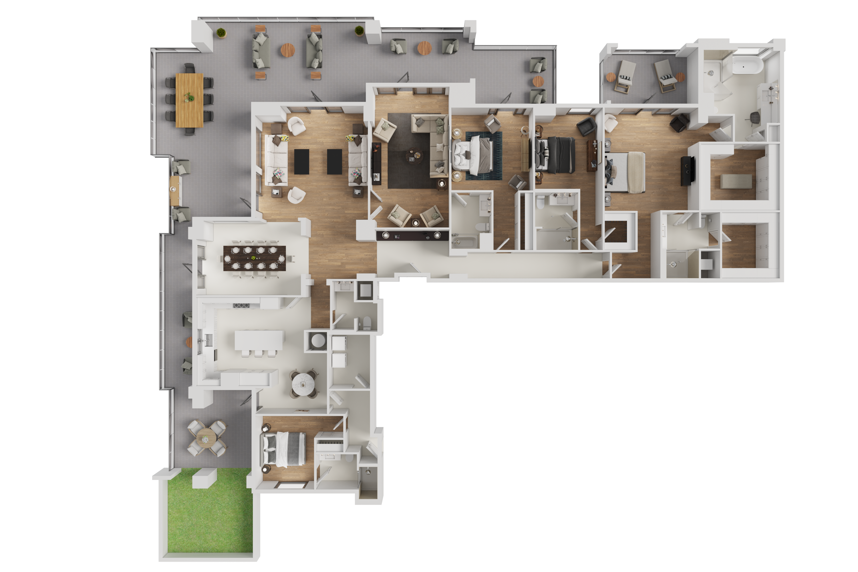 Floor plan for Unit H1: a four bedroom, four and a half bathroom corner residence with a great room opening onto a long terrace, an island kitchen, a primary suite at one end, and three further bedrooms each with a bathroom.