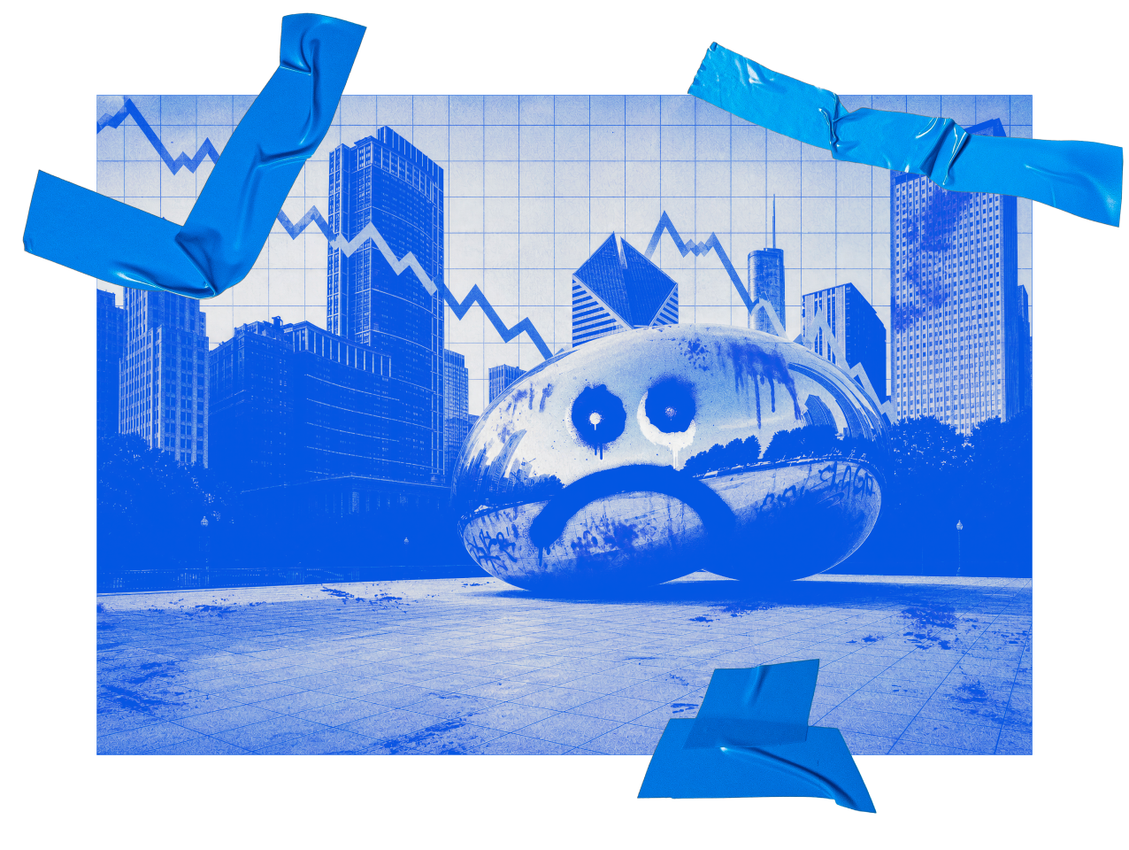 Duotone blue collage of the Chicago skyline behind Cloud Gate, the Bean, tagged with a dripping graffiti frown, over a falling stock line and strips of blue tape.