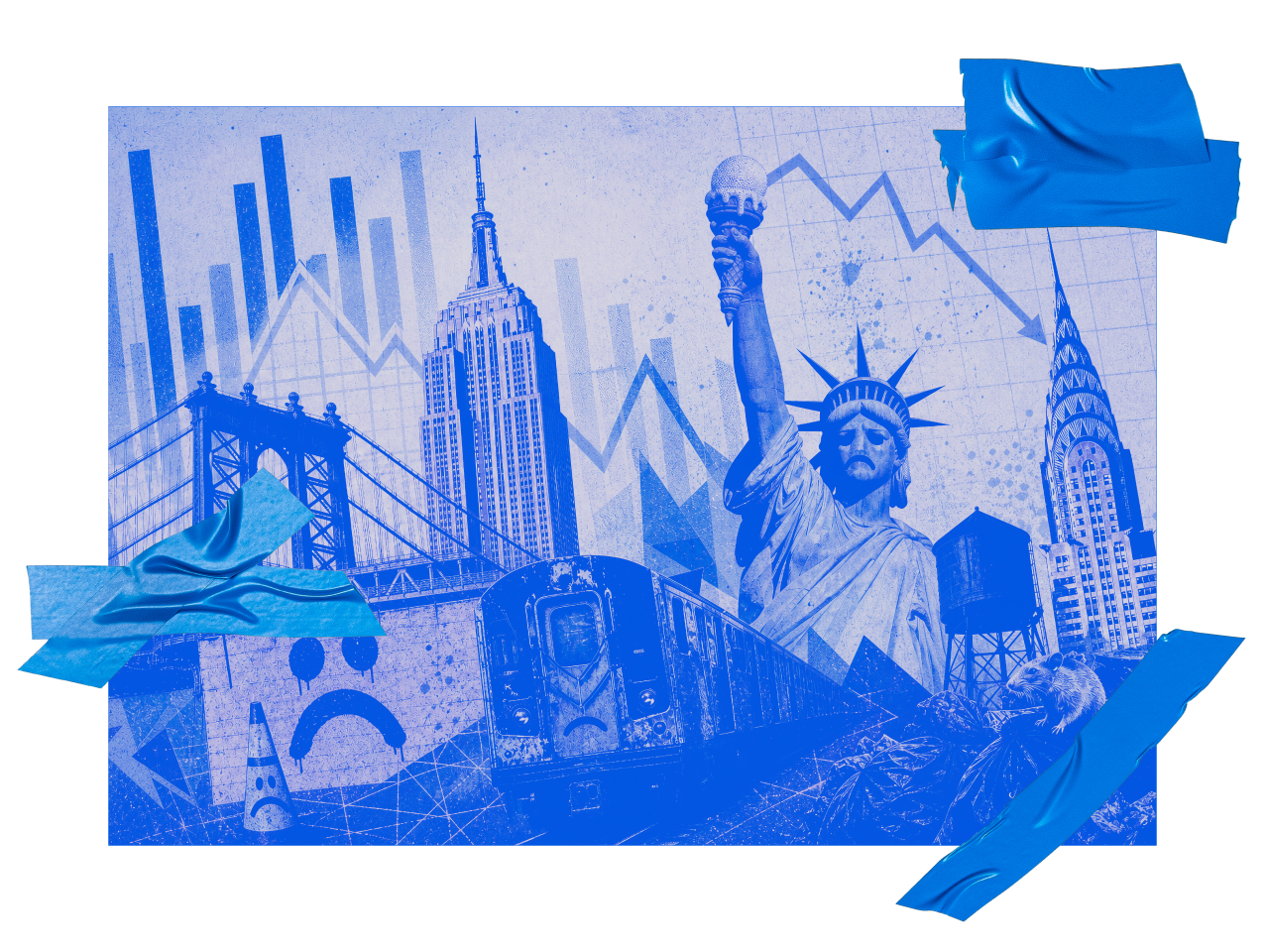Duotone blue collage of the New York skyline — Manhattan Bridge, Empire State Building, Chrysler Building, a subway car and the Statue of Liberty — over a falling stock chart, with graffiti frowns and strips of blue tape.